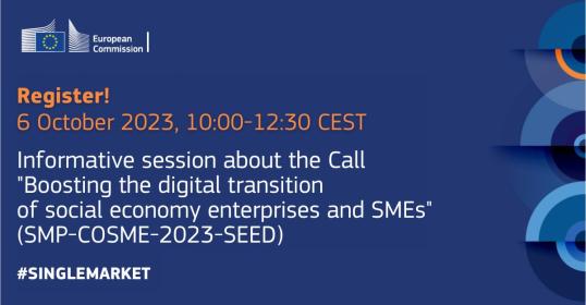 Invitation to register for the online info session for the call SMP-COSME-2023-SEED under the SMP programme. The event will take place from 10 AM to 12.30 PM on October 6, 2023